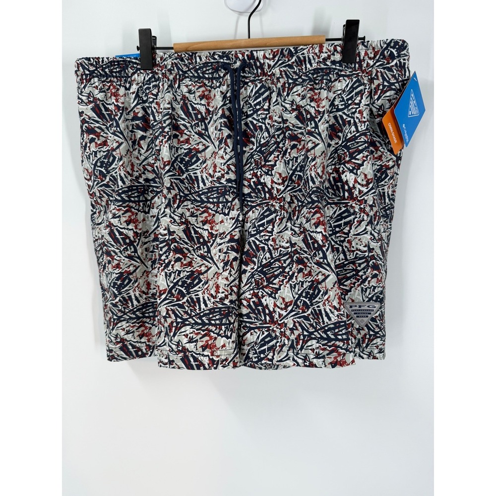 Columbia PFG Rambler Printed Water Shorts Mens L Navy Red Abstract 6" Inseam NWT